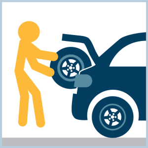 Step 14 to changing a flat tire: Put away flat tire and drive away safely. Road Safety 101: A Weekly Guide to Staying Safe On The Road by the Detroit car accident attorneys at Goodman Acker